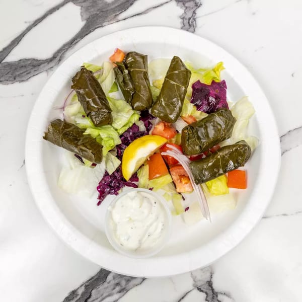 Grape leaves with a side salad of lettuce, tomatoes, red cabbage, onions, lemon, and dressing.